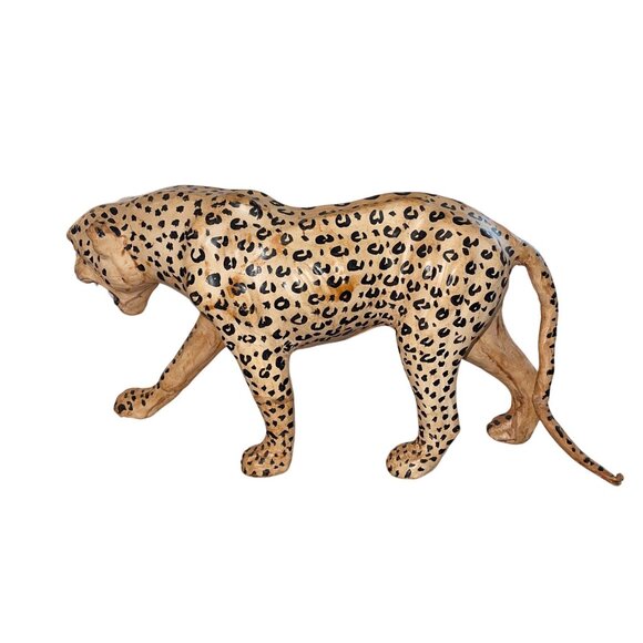 Vintage Leather Wrapped Paper Mache Leopard Green Eyes Teeth Whiskers - Picture 8 of 11